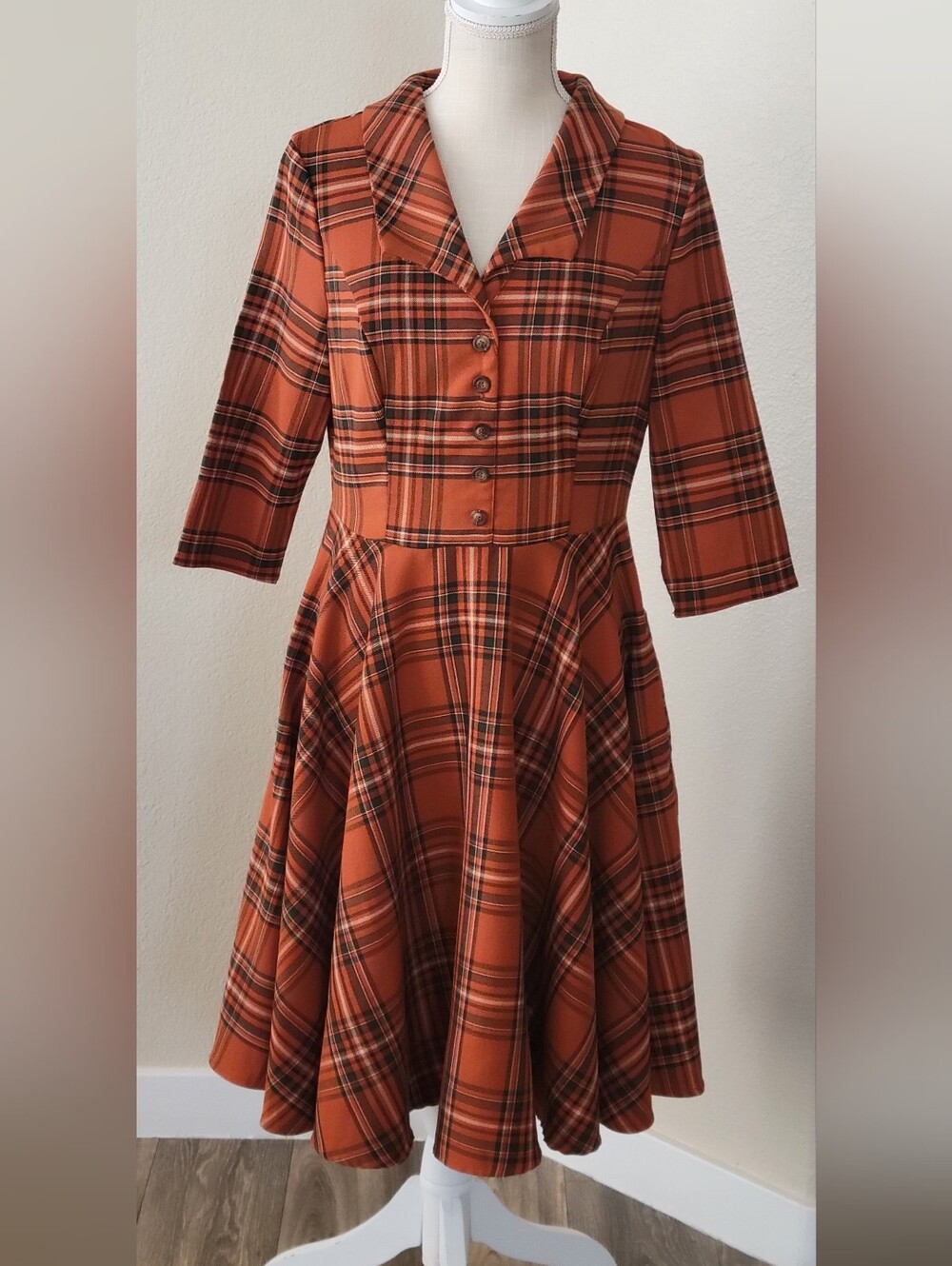 Hell Bunny Tawny Plaid Midi Swing Dress with Pockets - Size M / US 8